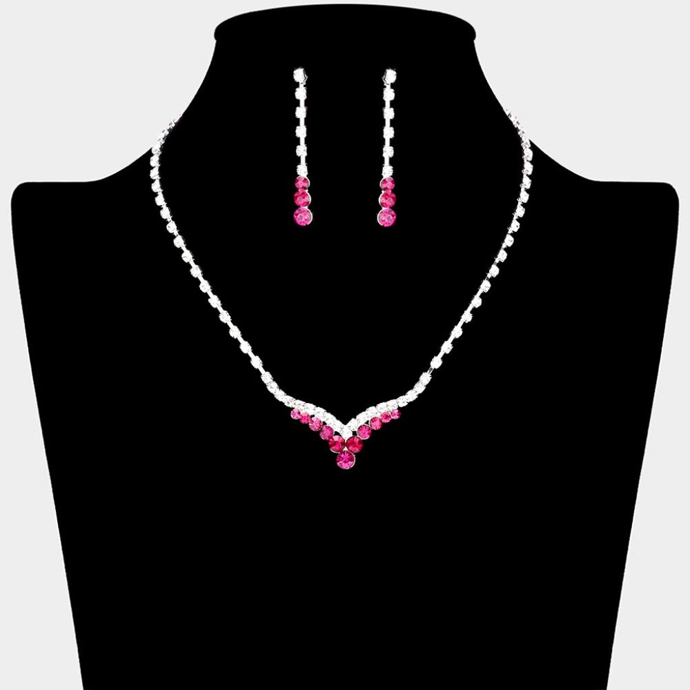 Silver Clear & Fuchsia Pink Sparkle V Neck Rhinestone Necklace Set Evening